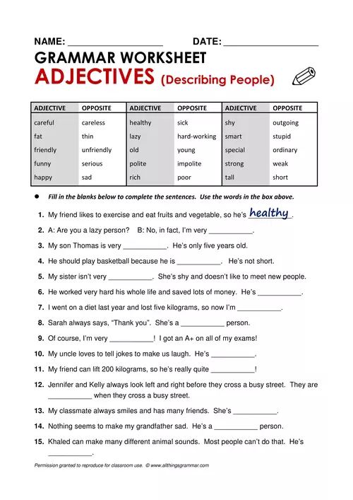 Exercises GRAMMAR WORKSHEET - ADJECTIVES (Describing People) pdf