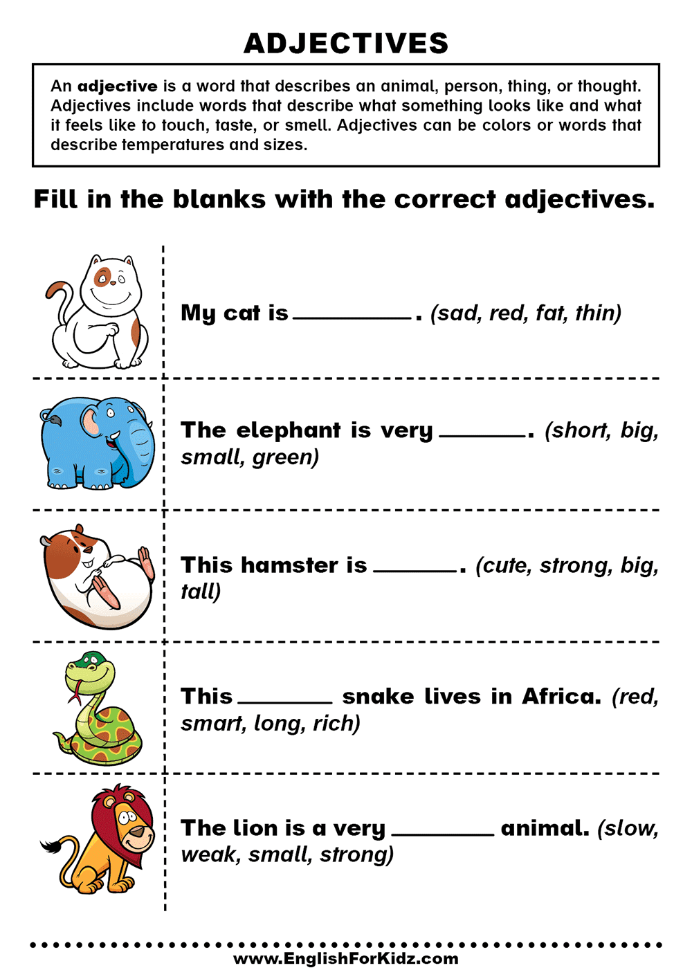 English for Kids Step by Step: Adjectives Worksheets and Exercises