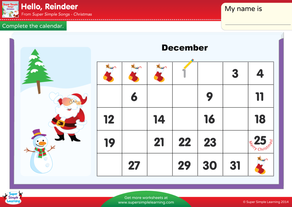 Hello, Reindeer Worksheet - Complete The Calendar (1) - Super Simple