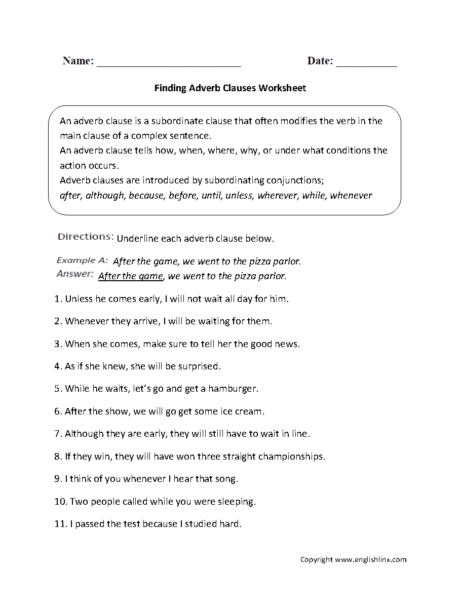 Clauses Worksheets | Finding Adverb Clauses Worksheet