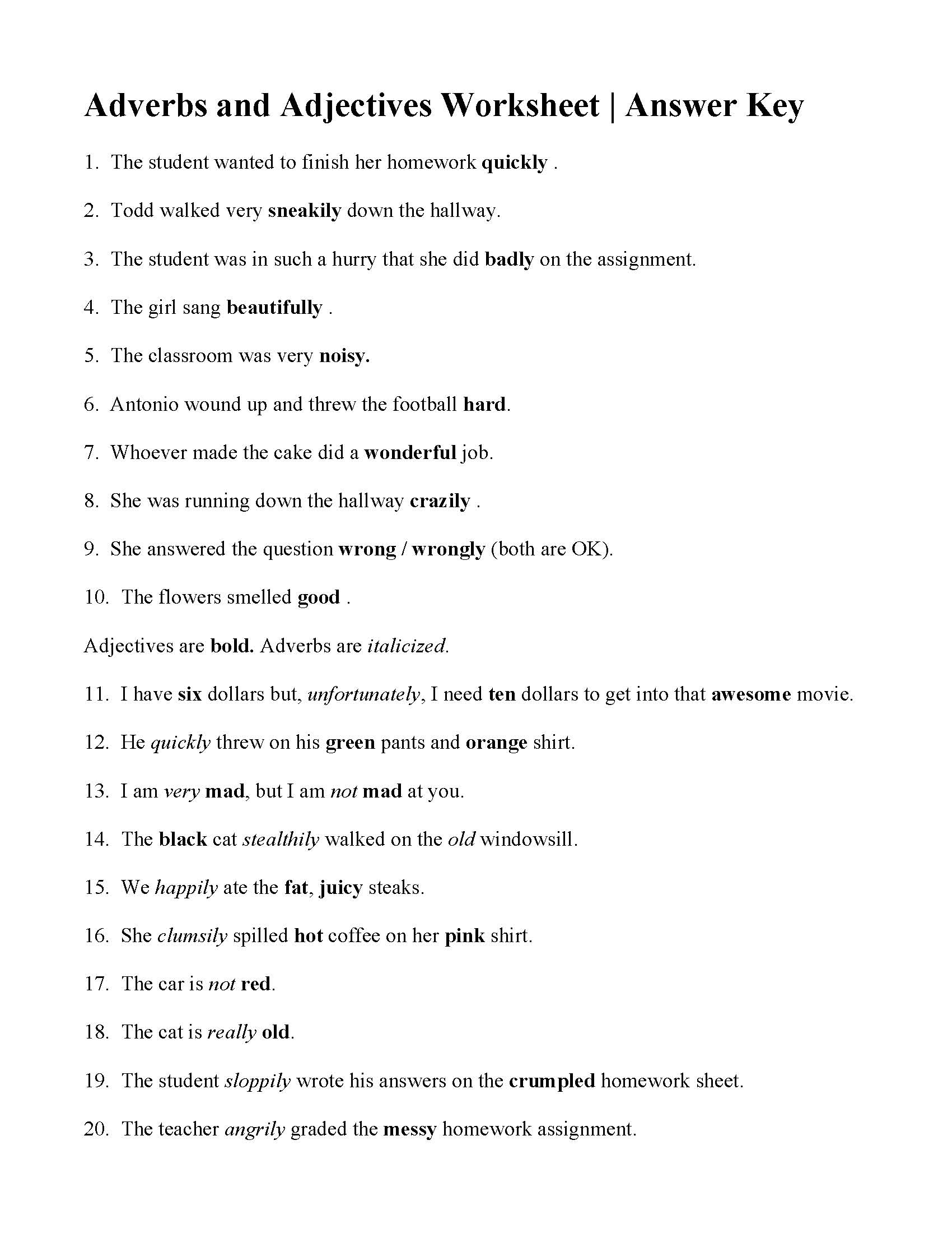 Adverbs and Adjectives Worksheet | Answers