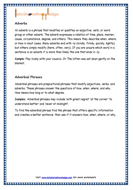 Grade 4 English Resources Printable Worksheets Topic: Adverbial ...