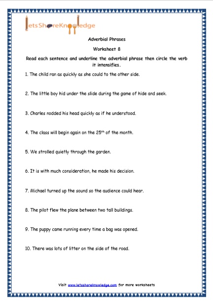 Grade 4 English Resources Printable Worksheets Topic: Adverbial ...