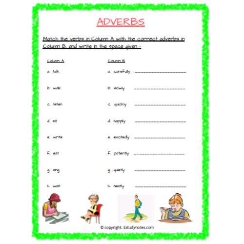 English Adverbs Match the Following Worksheet 1 Grade 2