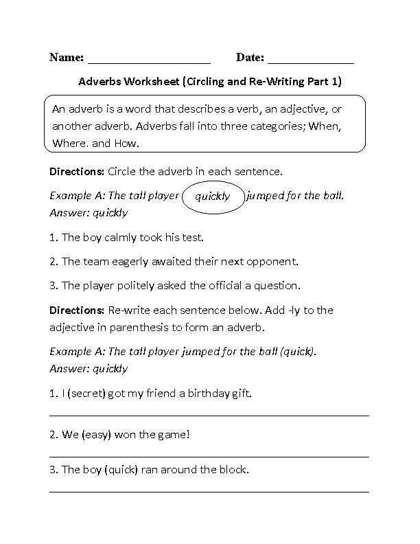 Regular Adverbs Worksheets | Circling and Re-Writing Adverbs Worksheet