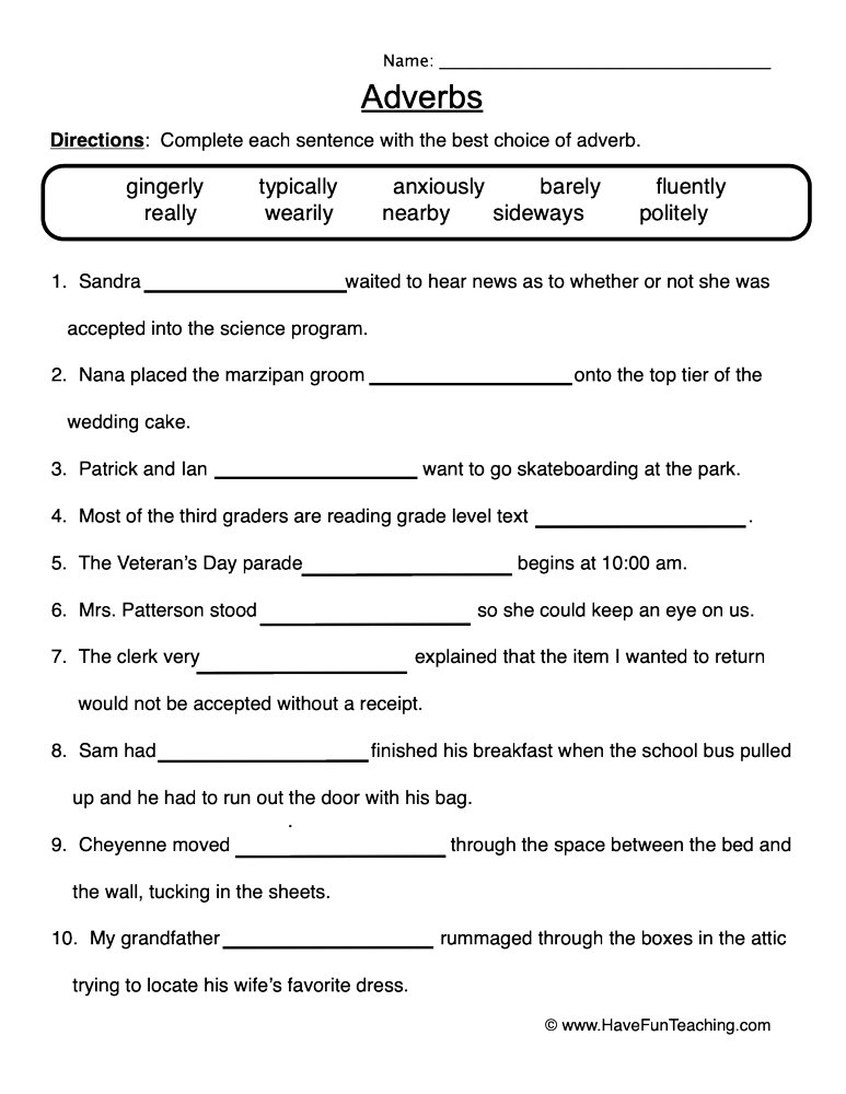 Adverb Fill in the Blanks Worksheet  