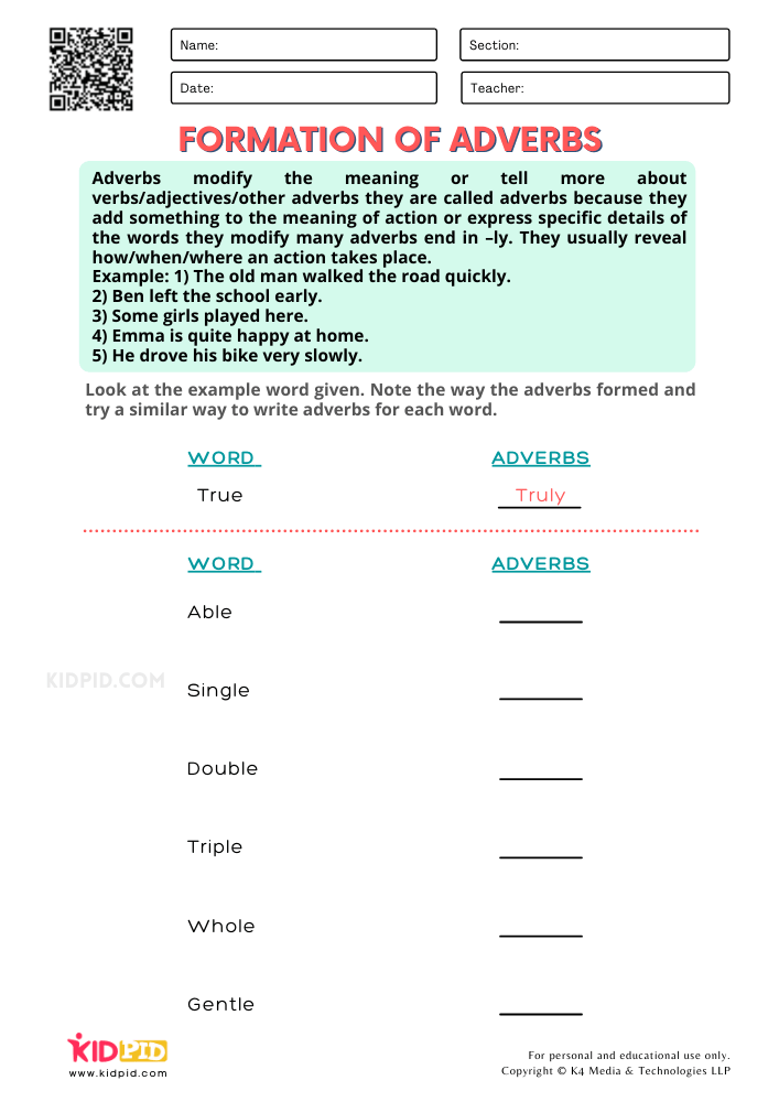 Formation of Adverbs Printable Worksheets for Grade 1 - Kidpid