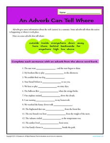 An Adverb Can Tell Where Worksheet for 2nd - 3rd Grade | Lesson Planet