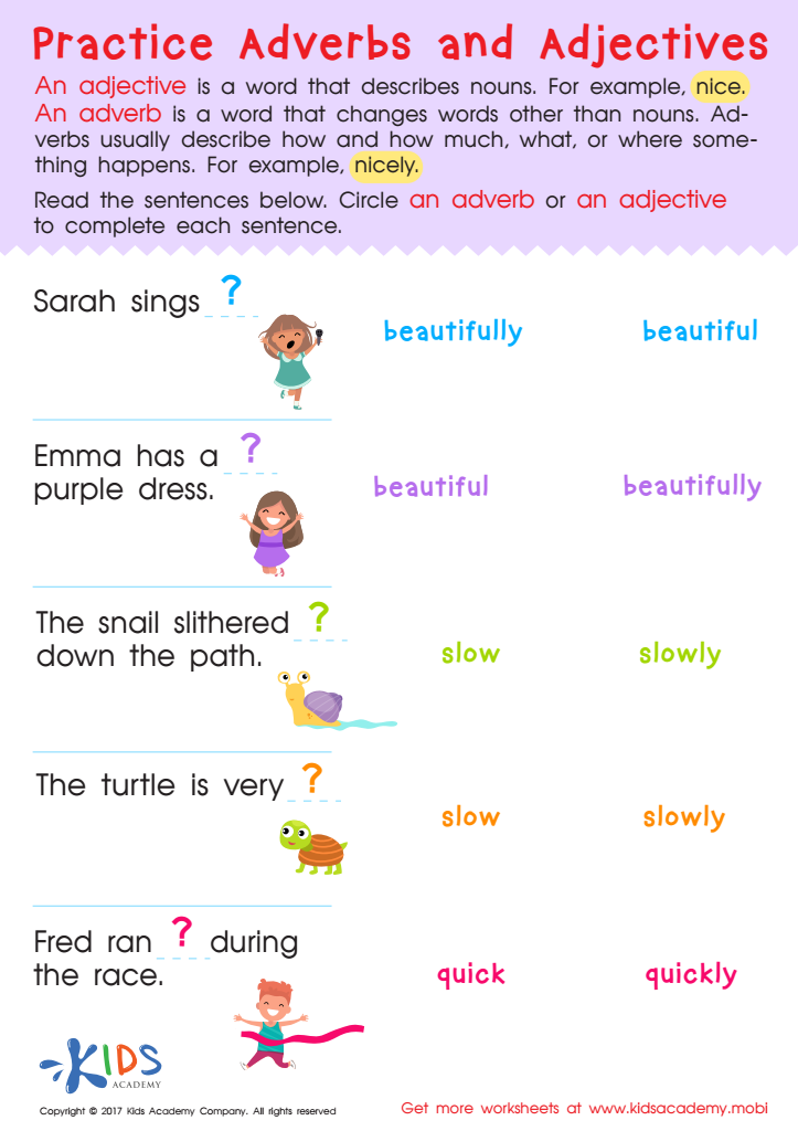 Adverbs and Adjectives Worksheet: Free Printable PDF for Kids