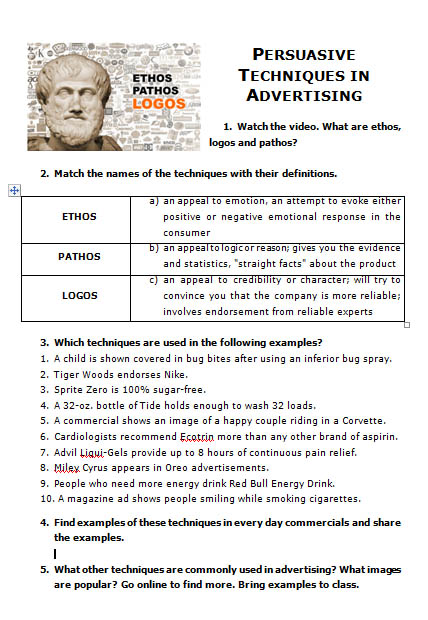 advertising techniques worksheet