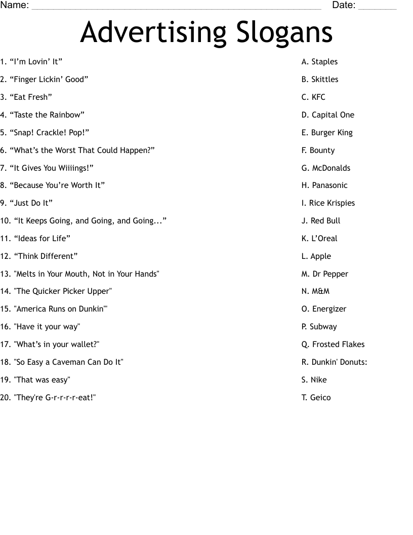 Advertising Slogans Worksheet - WordMint