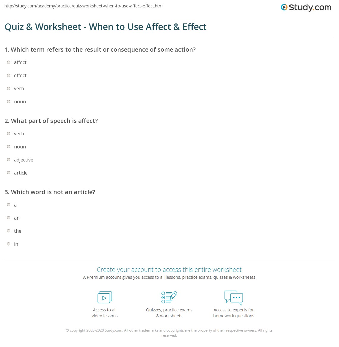 Quiz &  Worksheet - When to Use Affect &  Effect | Study.com