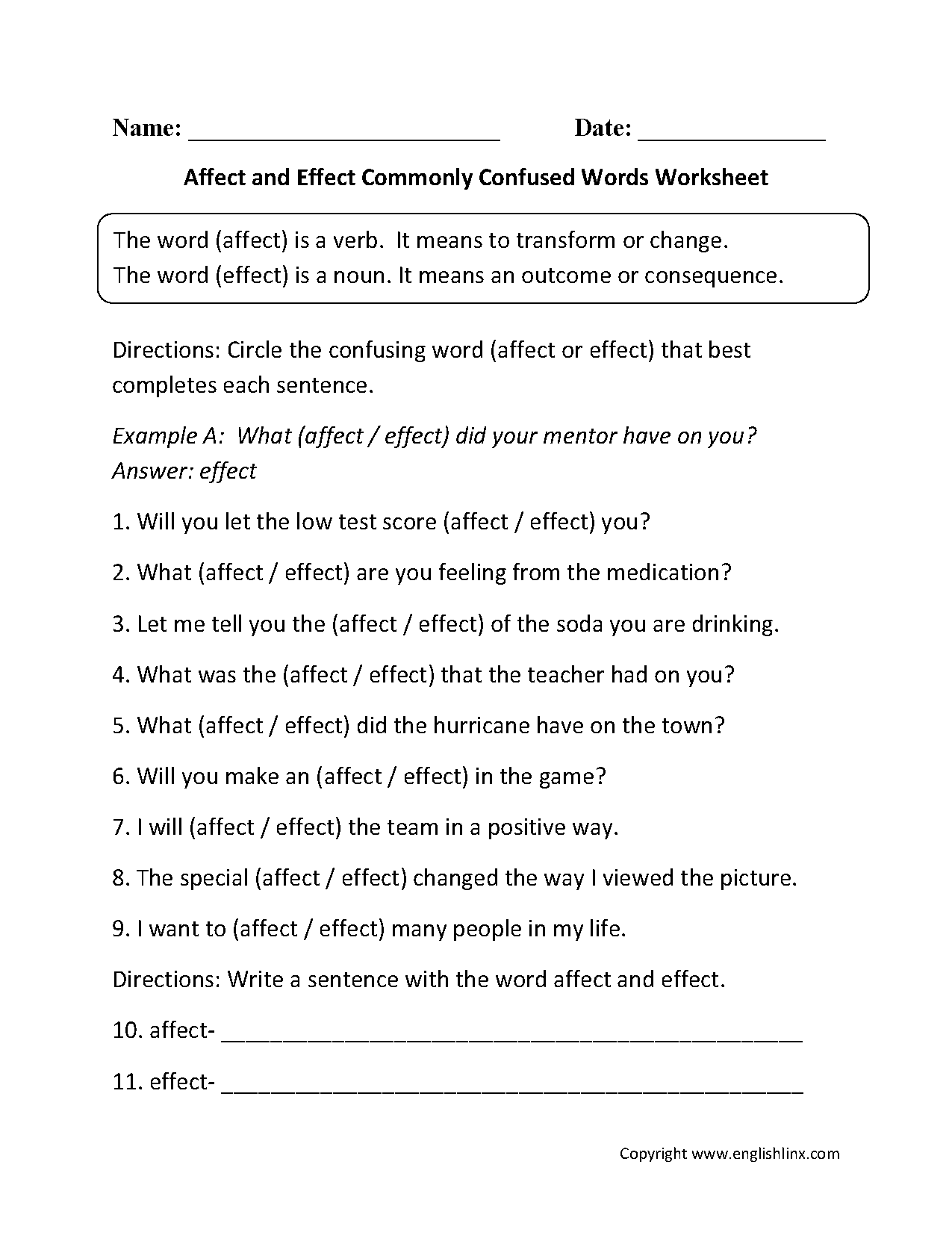 Commonly Confused Words Worksheets | Affect and Effect Commonly ...