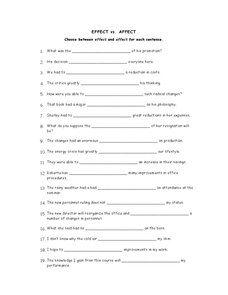 Effect vs. Affect Worksheet for 5th - 10th Grade | Lesson Planet