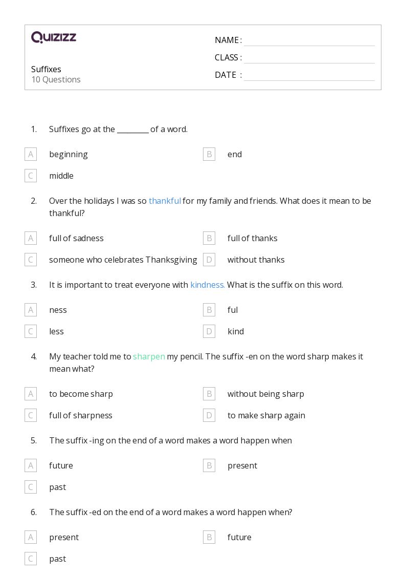 50+ Suffixes worksheets for 3rd Grade on Quizizz | Free &  Printable