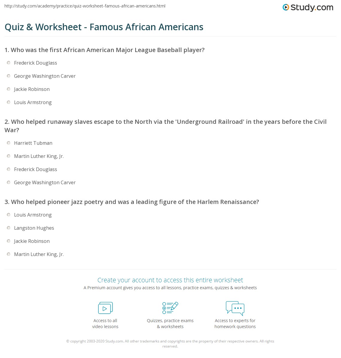 Quiz &  Worksheet - Famous African Americans | Study.com