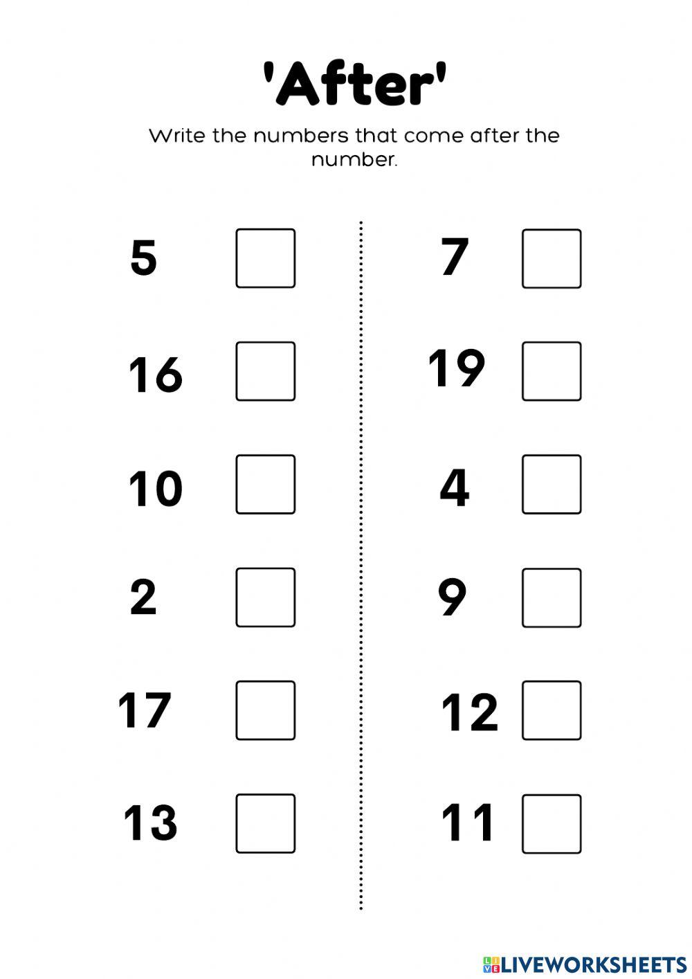 After Number 1-20 worksheet  