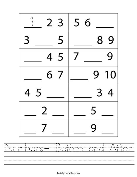 Numbers- Before and After Worksheet - Twisty Noodle