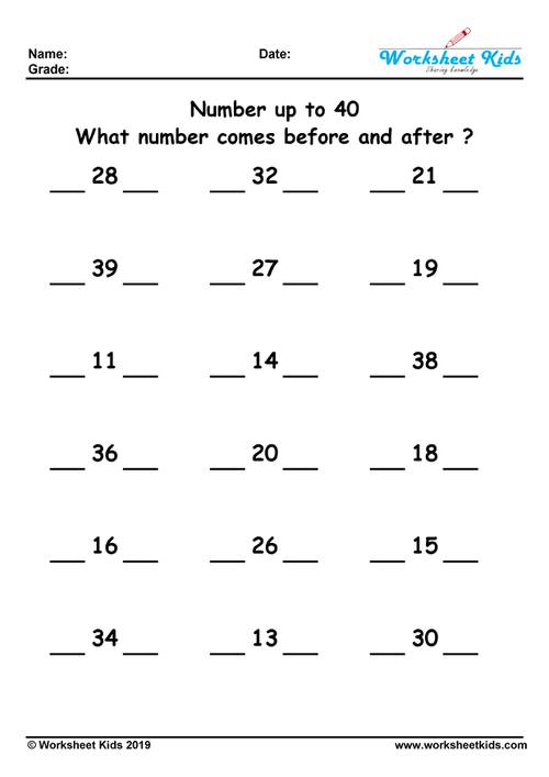 What number comes before and after ? 1 to 20, 100, 500, 1000