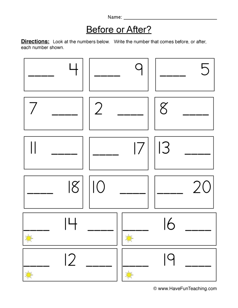 Before or After Numbers Worksheet  