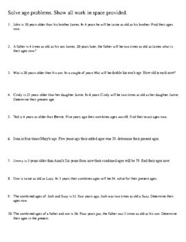 Age word problems by The Math and Science shop worksheets library