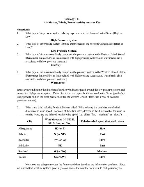 Geology 103 Air Masses, Winds, Fronts Activity Answer Key ...