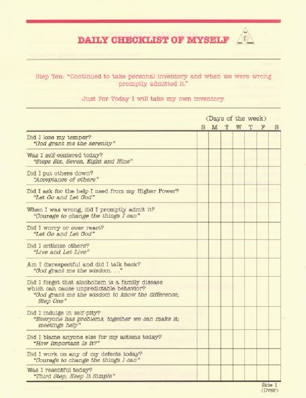 Alateen 10th Step Sheet - daily checklist (S-6)