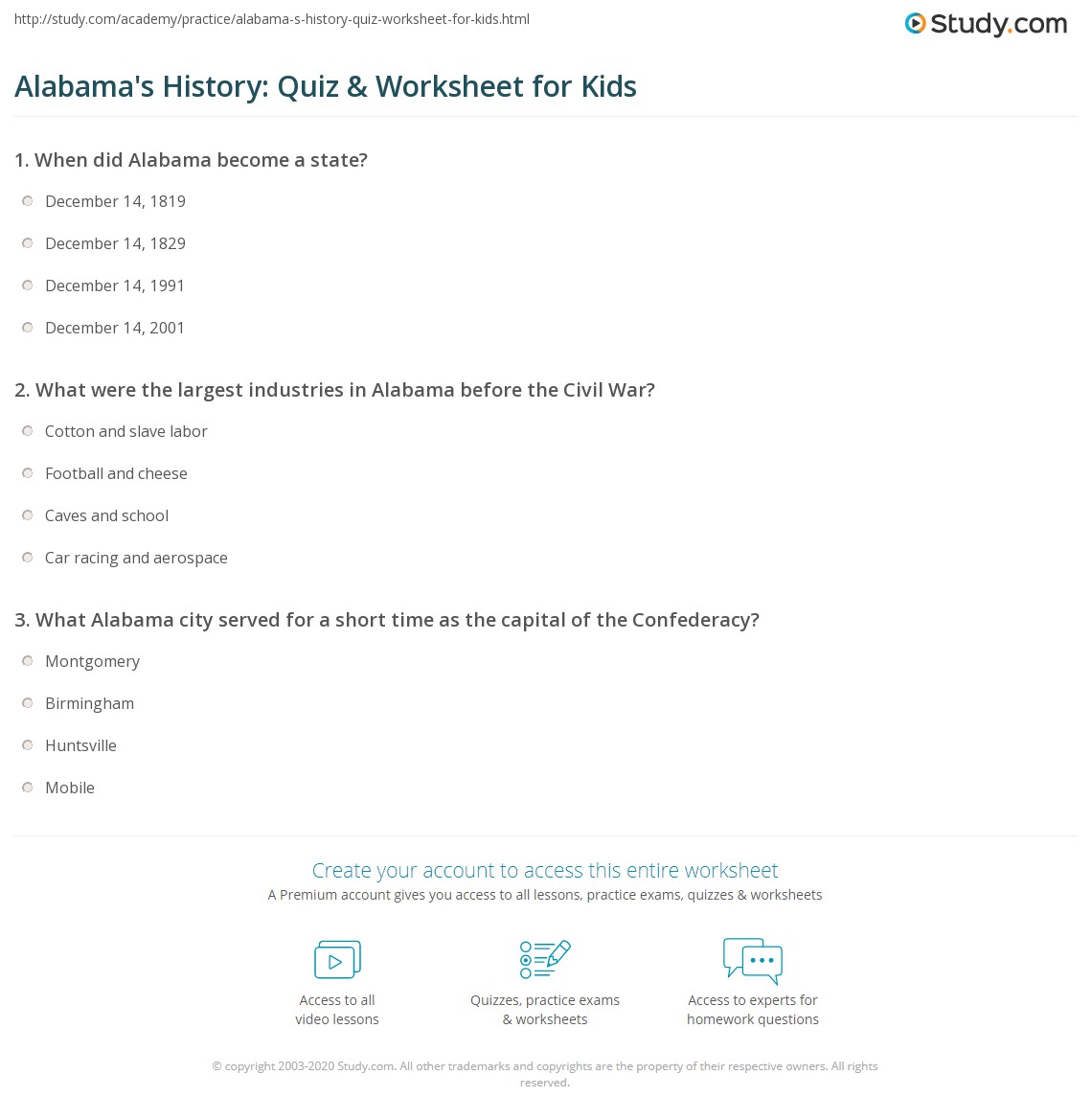 Alabamas History: Quiz &  Worksheet for Kids | Study.com