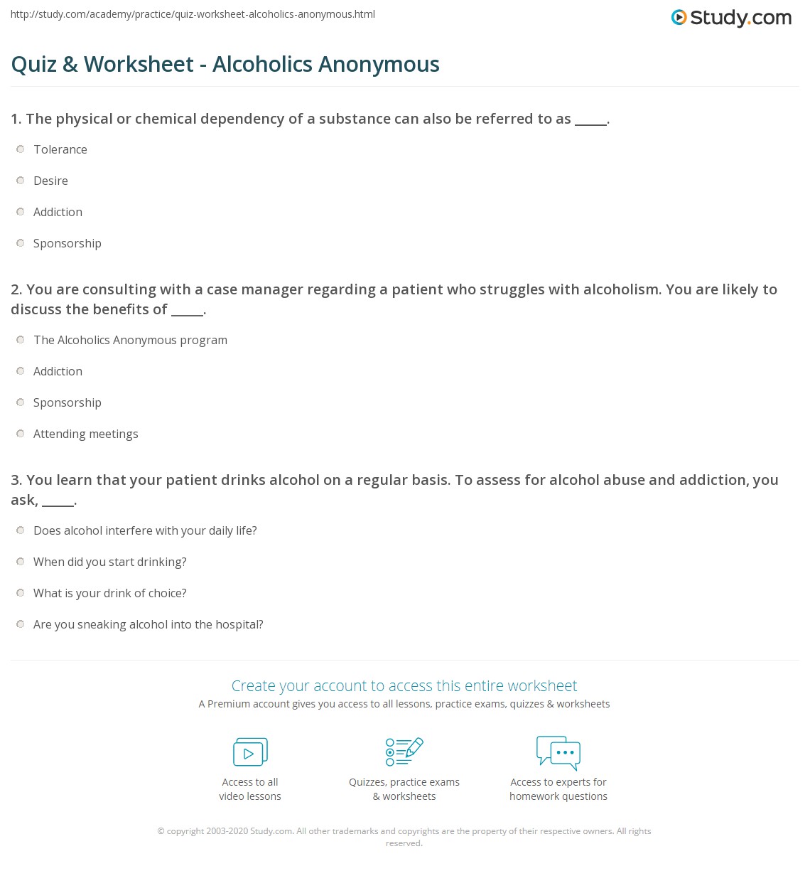 Quiz &  Worksheet - Alcoholics Anonymous | Study.com
