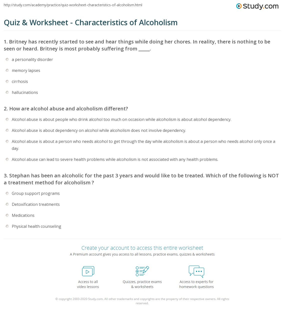 Quiz &  Worksheet - Characteristics of Alcoholism | Study.com