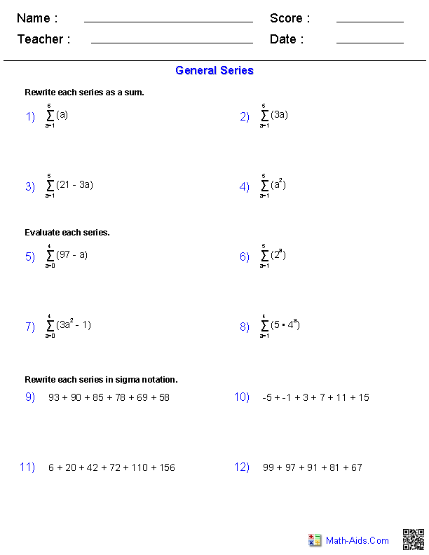 Algebra 2 Worksheets | Sequences and Series Worksheets