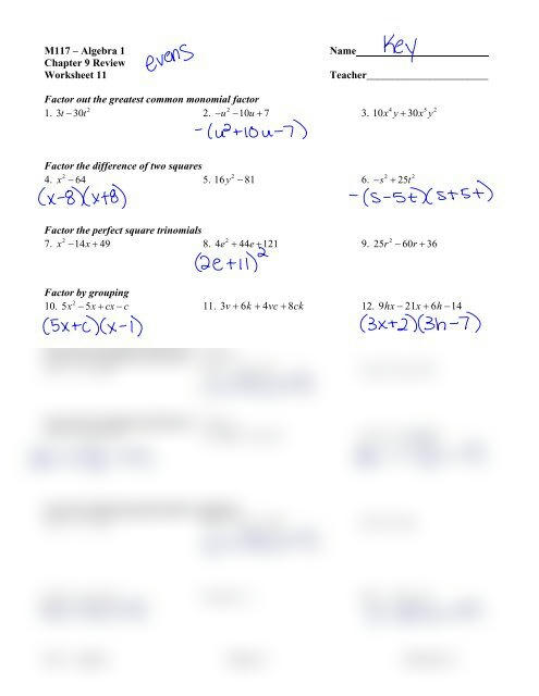 algebra 1 factoring worksheet answers