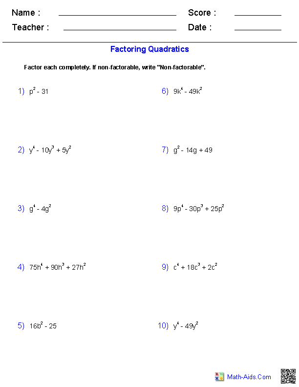 algebra 1 factoring worksheet answers