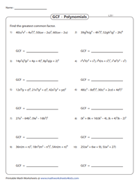 Greatest Common Factor (GCF) of Polynomials Worksheets