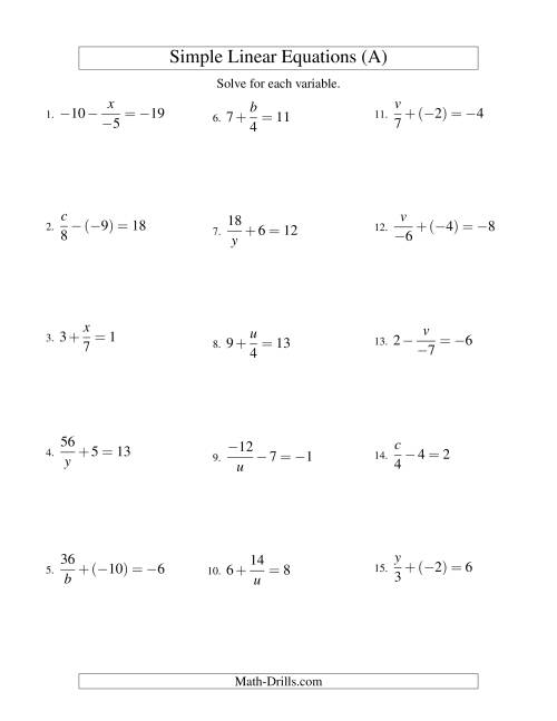Solving Linear Equations (Incuding Negative Values) -- Mixture of ...