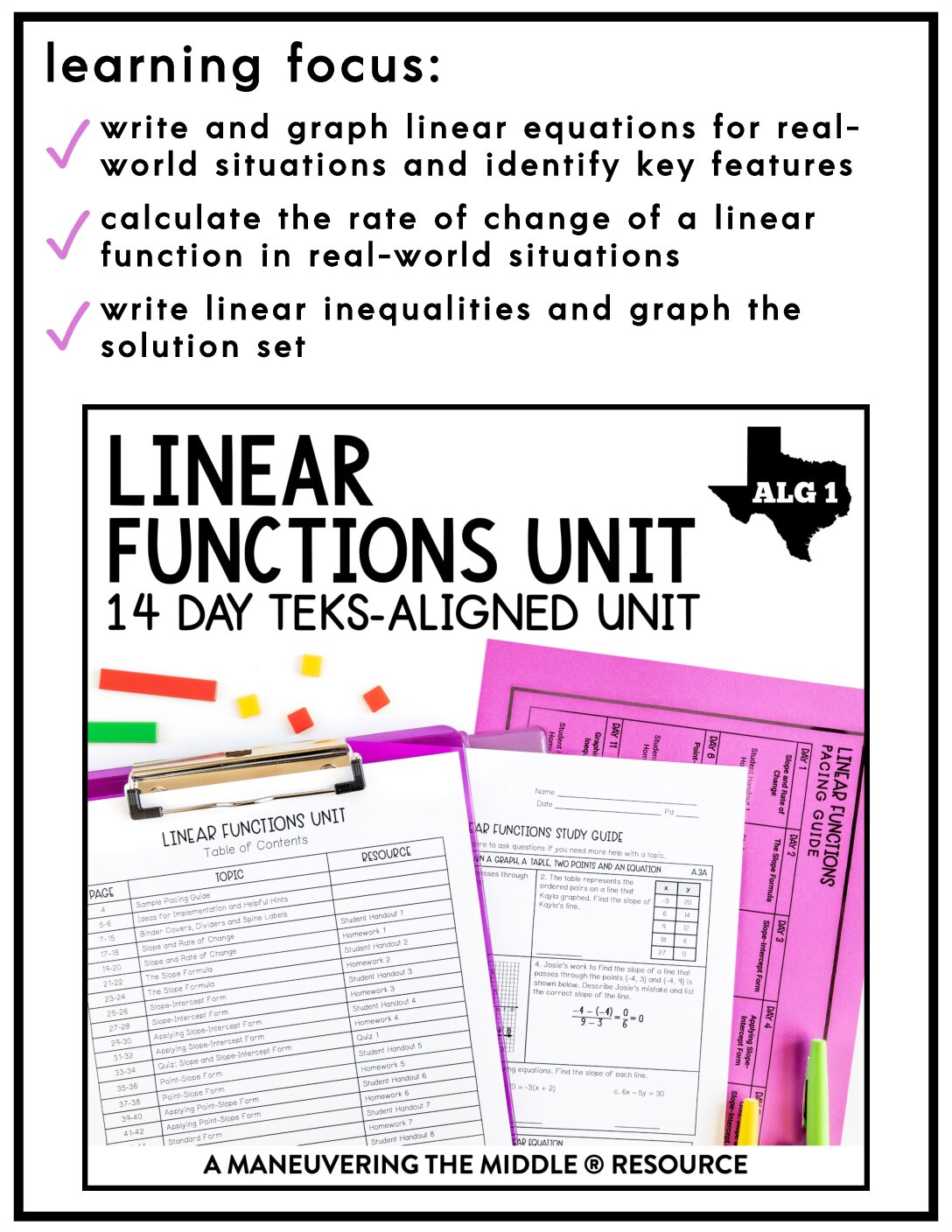 Linear Functions Unit Algebra 1 TEKS - Maneuvering the Middle