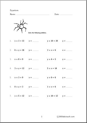 Algebra Equations (set 1) Worksheet