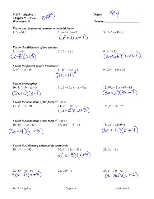 M117 ? Algebra 1 Name Chapter 9 Review Worksheet 11 ...