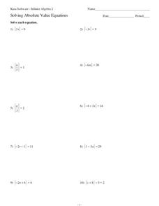 Solving Absolute Value Equations Worksheet for 11th Grade | Lesson ...