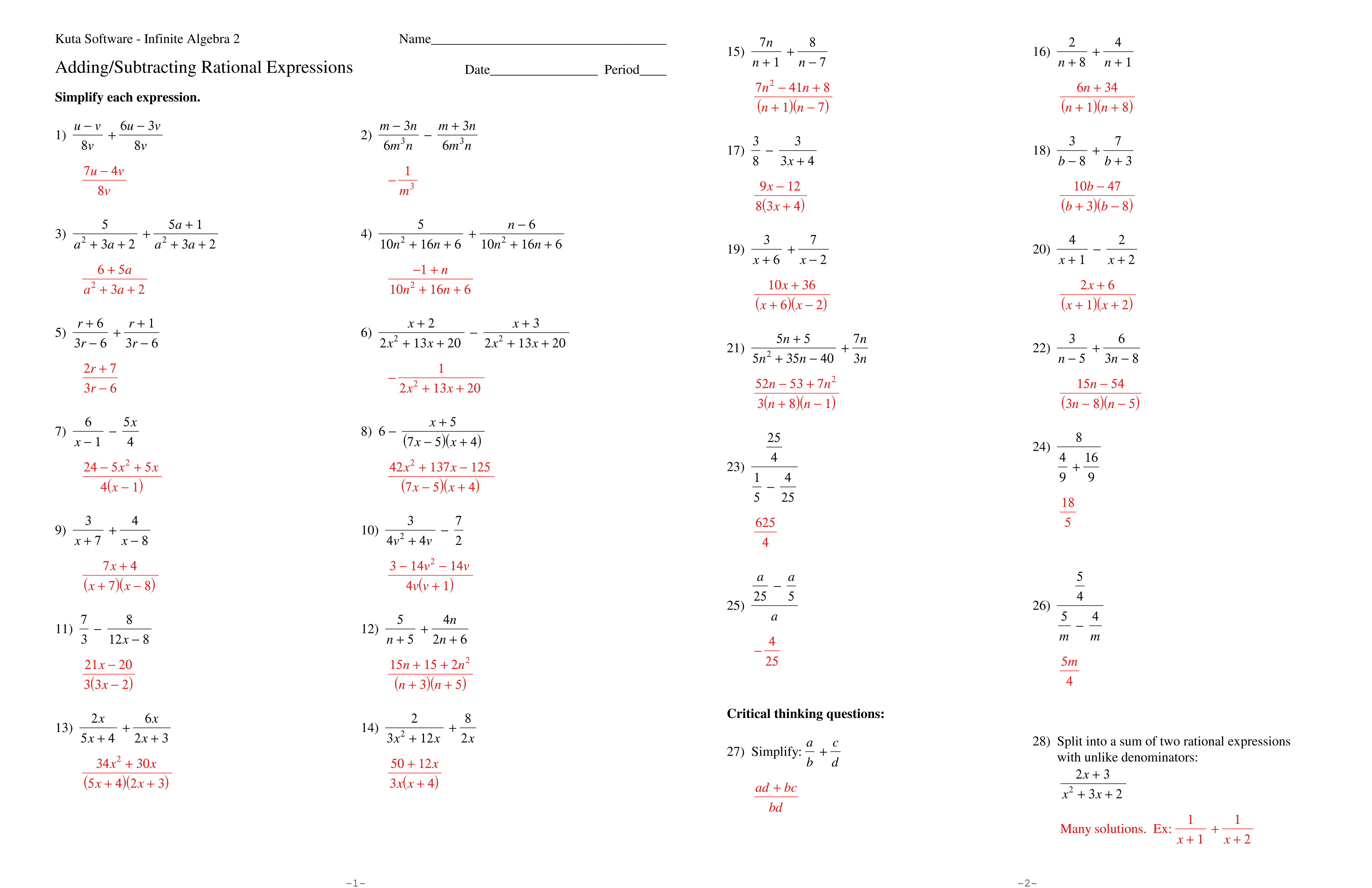 algebra 2 adding and subtracting rational expressions worksheet answers