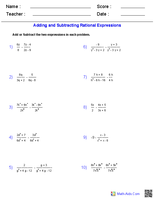 algebra 2 adding and subtracting rational expressions worksheet