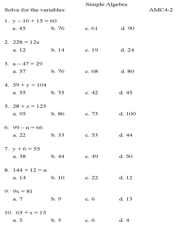 BlueBonkers - Algebra - Multiple Choice - P2 : free printable math ...