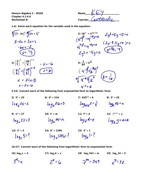Honors Algebra 2 ? M328 Name Chapter 4.1-4.6 Worksheet B ...
