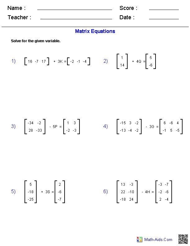algebra 2 matrices worksheet