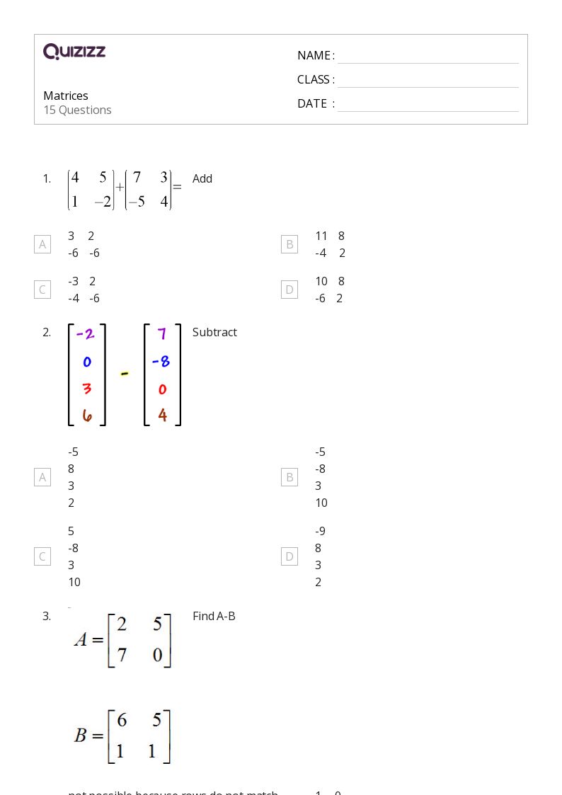 50+ matrices worksheets for 9th Class on Quizizz | Free & Printable ...