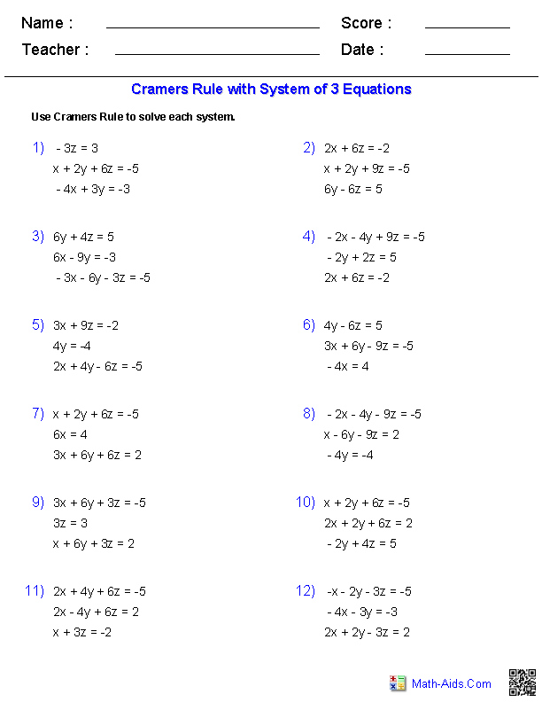 Algebra 2 Worksheets | Matrices Worksheets