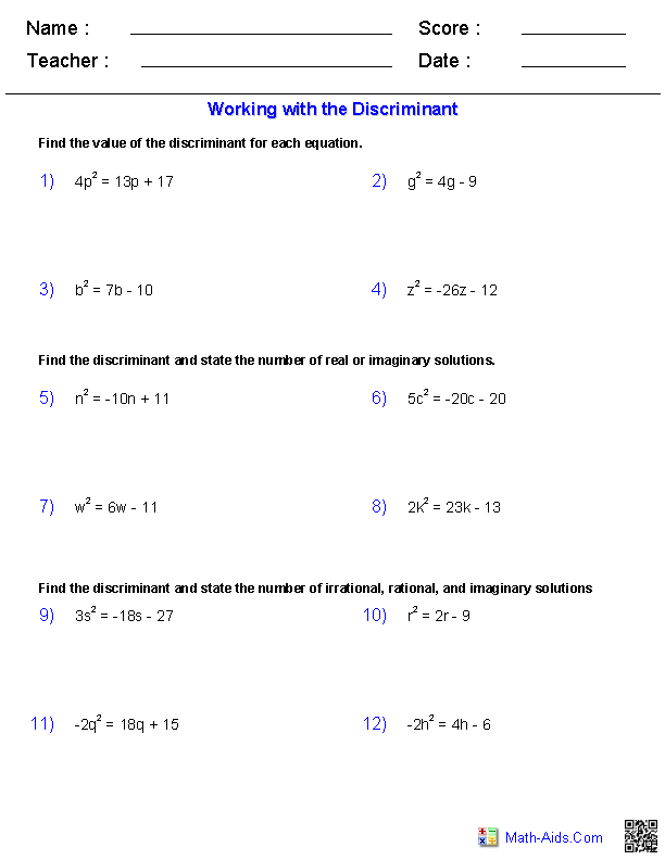 Algebra 2 Worksheets | Quadratic Functions and Inequalities Worksheets