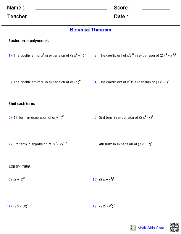 Algebra 2 Worksheets | Polynomial Functions Worksheets