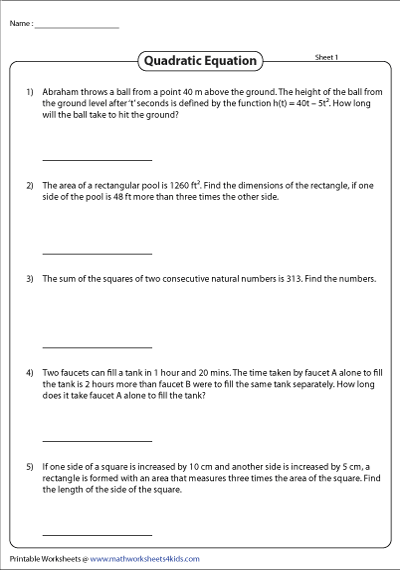 Quadratic Equation Word Problems Worksheets