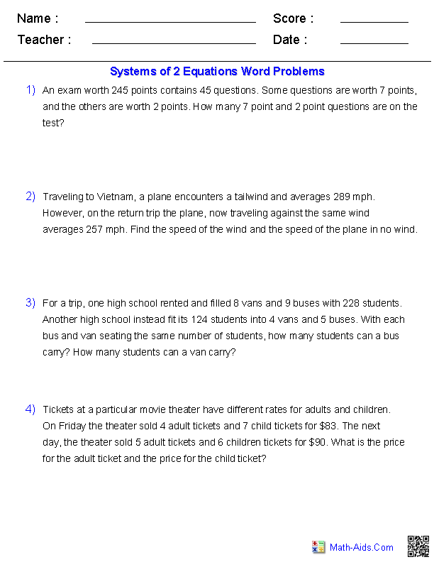 Algebra 2 Worksheets | Systems of Equations and Inequalities ...